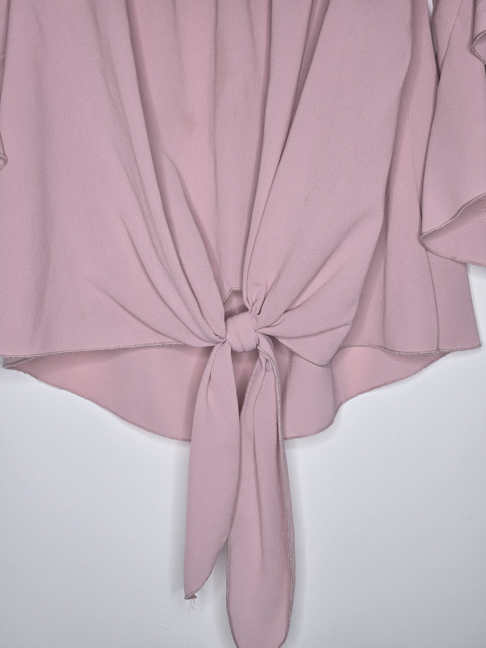 Pink Off The Shoulder Blouse Cascading Ruffle Sleeve Tie Front Dusty Rose - S - Picture 3 of 10